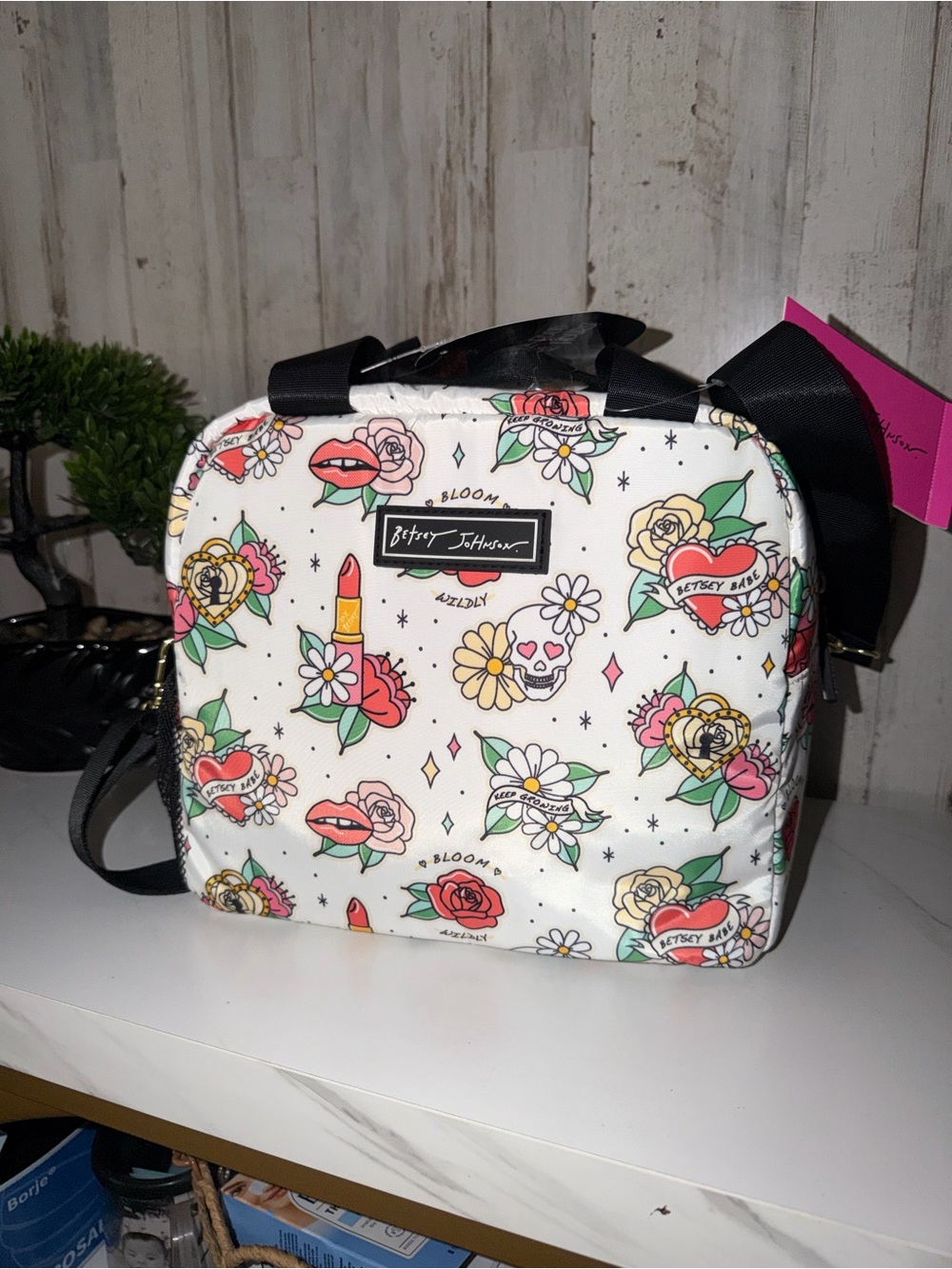 Betsey Johnson White Floral Tattoo Lunch tote
